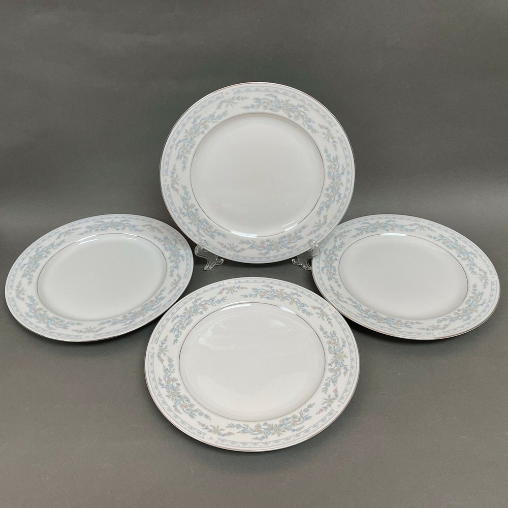 Somerset‎ by NL Excel Dinner Plates White Blue Floral Platinum Trim Lot of 4